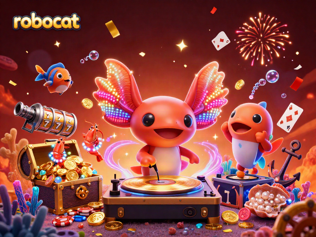 robocat evokes excitement with neon DJ and underwater gambling theme in vibrant casino scene.