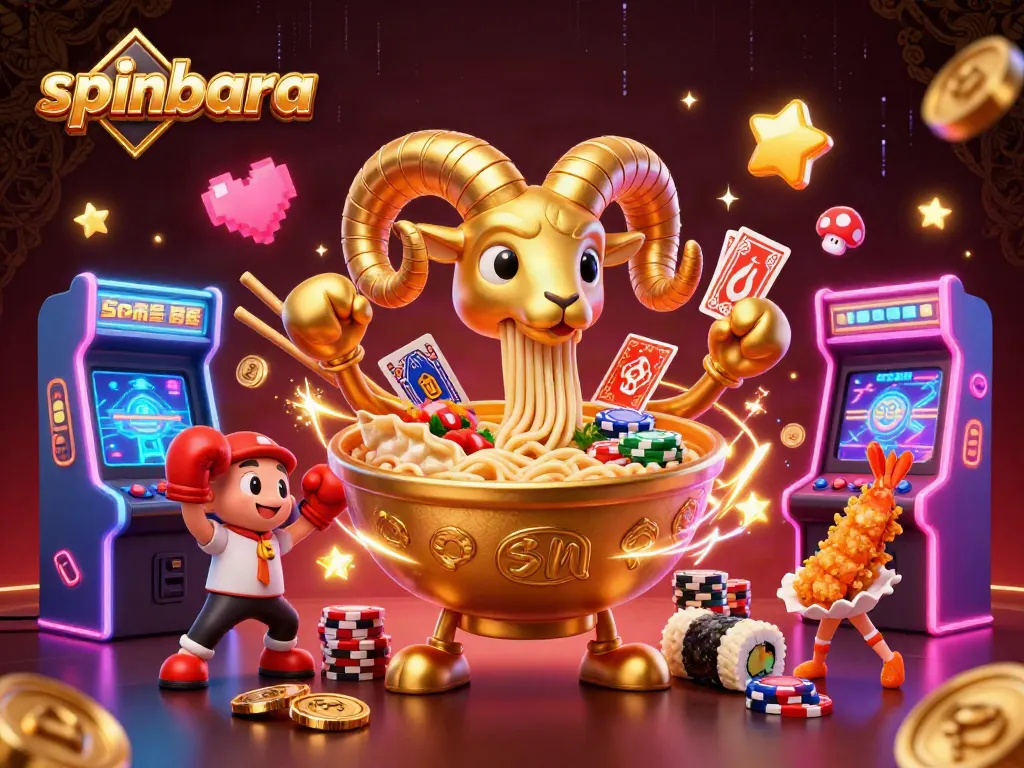 Spinbara casino scene with a giant ramen bowl dealer, colorful arcade elements, and dynamic game atmosphere.