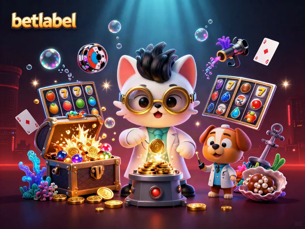 Engage with betlabel's thrilling slots action illustrated with a mad scientist cat and loyal dog amidst vibrant casino elements.