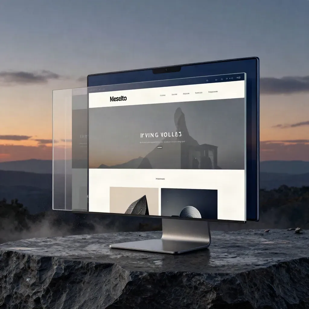 Mockup hero de web de ventas en acrílico y móvil, sobre piedra mojada al anochecer.