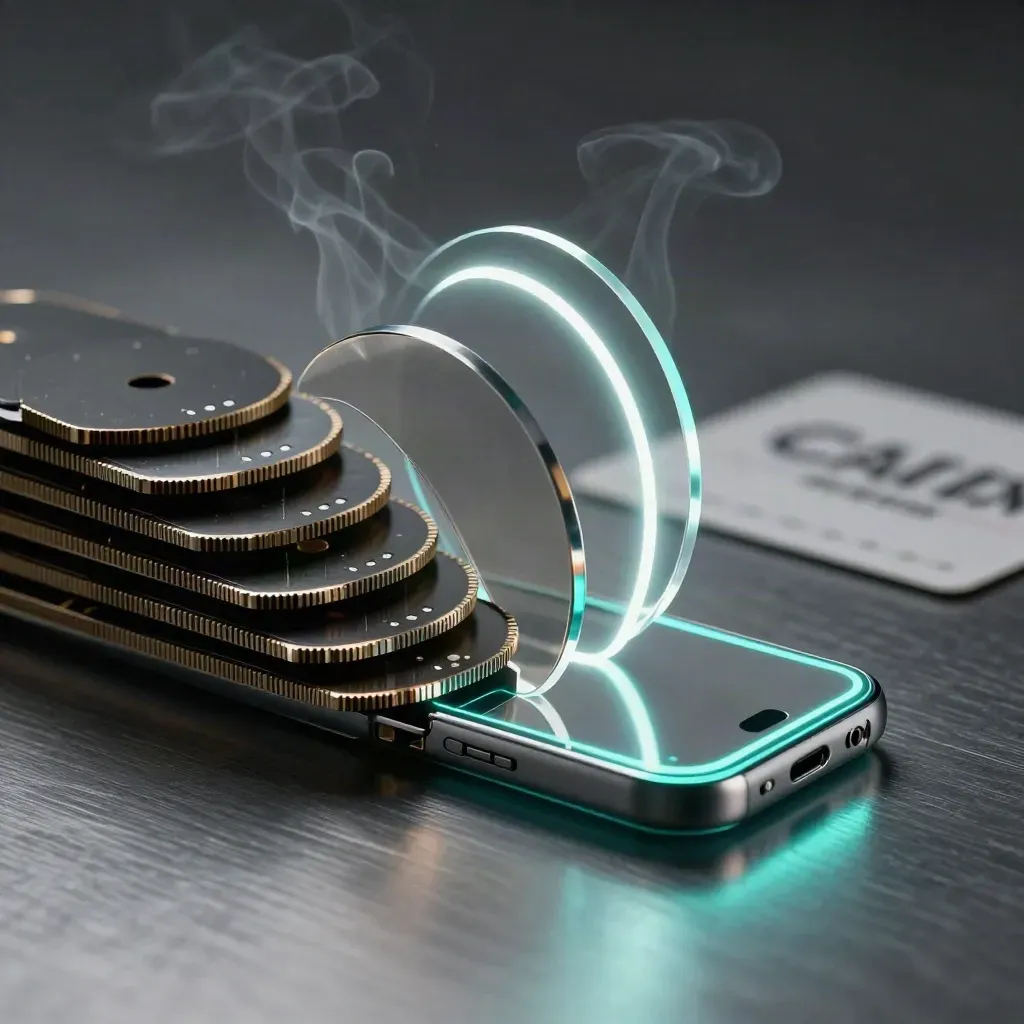 Kit de control de Google Ads en acrílico oscuro con teléfono luminoso sobre metal bruñido.