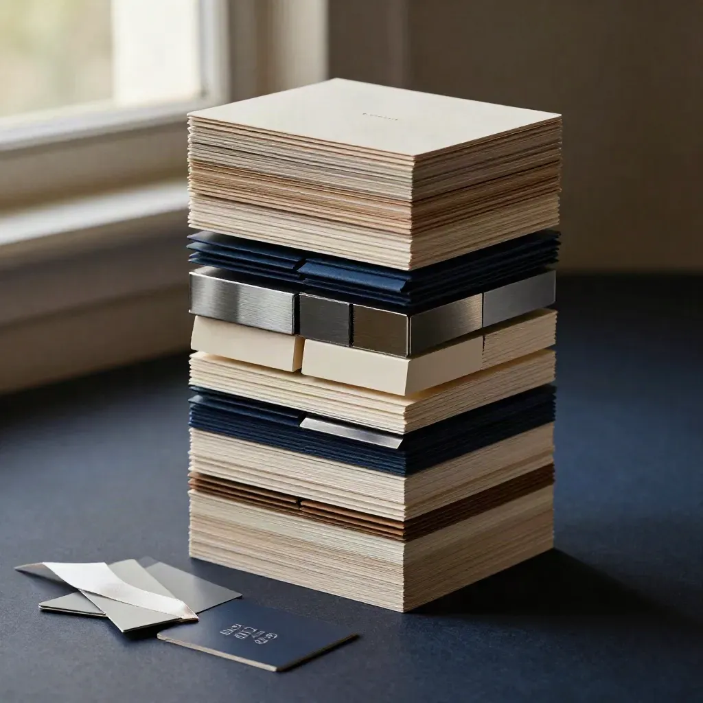 Kit de marca para startups en una torre elegante con tarjetas, muestras y módulos de logo.