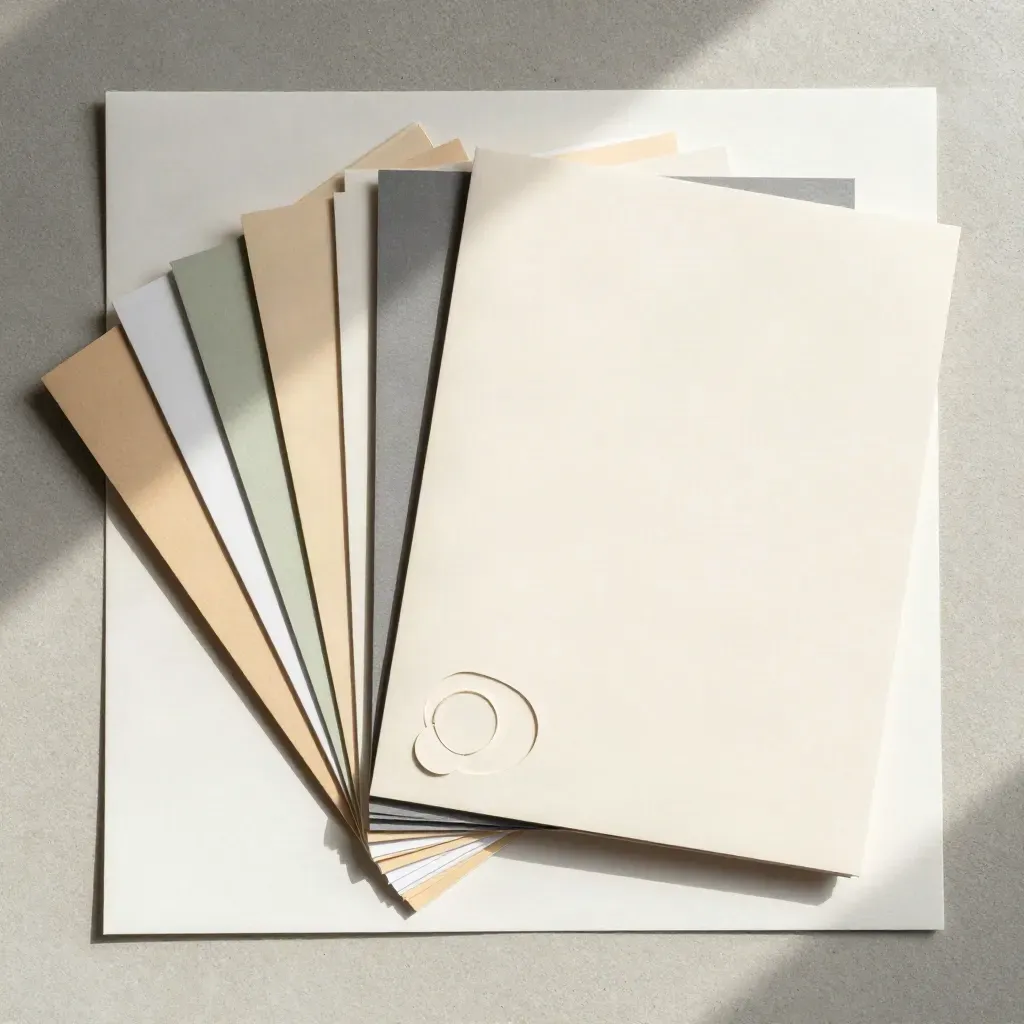 Flatlay de tarjetas y marcos de contenido social sobre papel claro, con sombras suaves.