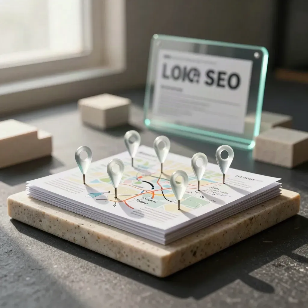 Set de SEO local en travertino con pines translúcidos y tarjetas web apiladas.