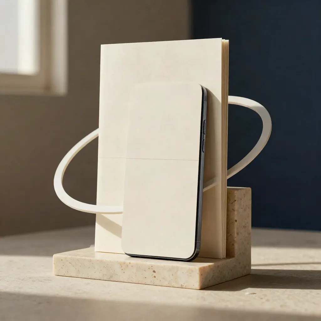 Maqueta premium de una web de una página con panel, móvil y soporte curvo sobre travertino.