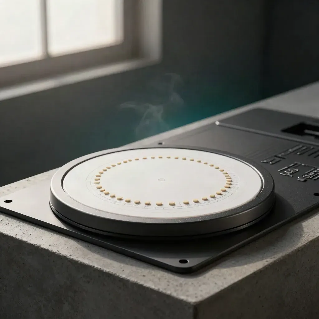 Discos de analítica, pucks de eventos y panel oscuro en luz suave de estudio.