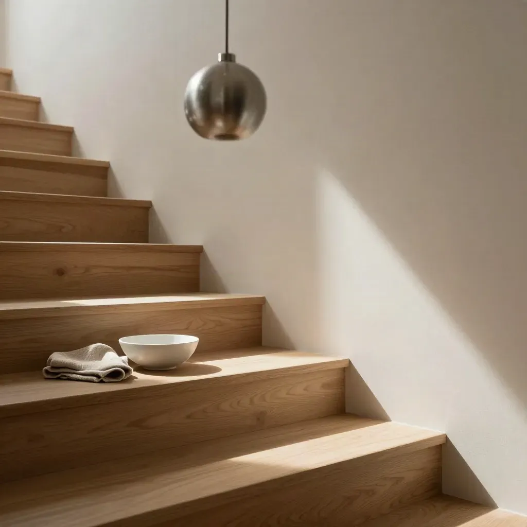 Escalera interior luminosa de madera clara y yeso, con luz suave y espacio vacío para texto.