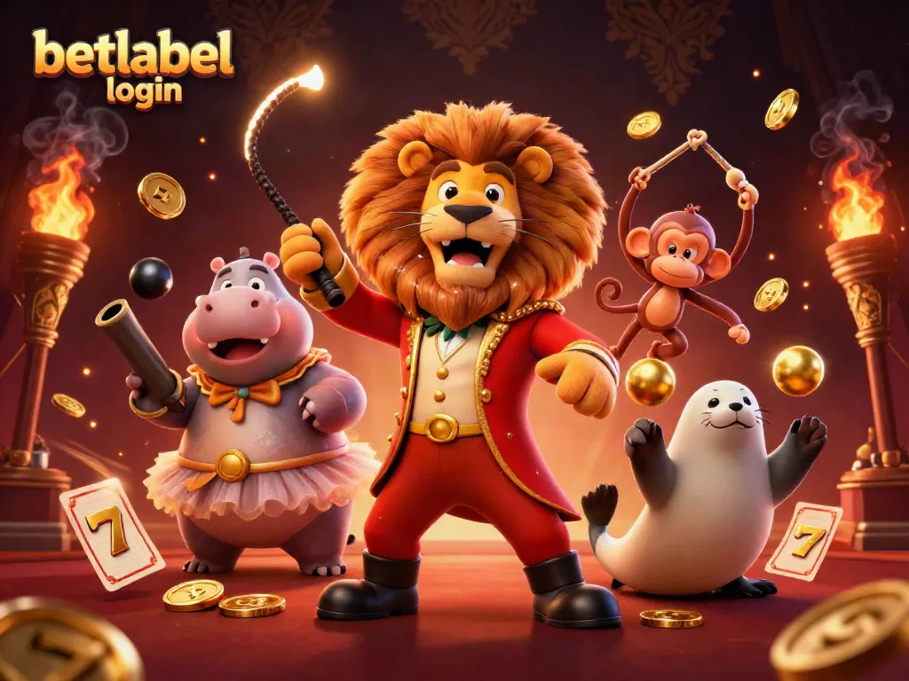 Experience seamless betting with betlabel login amidst a vibrant 3D circus of casino-themed characters.